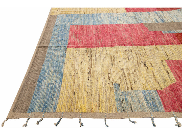 Modern Moroccan Style Handmade Multicolor Abstract Motif Boho Oversize Wool Rug