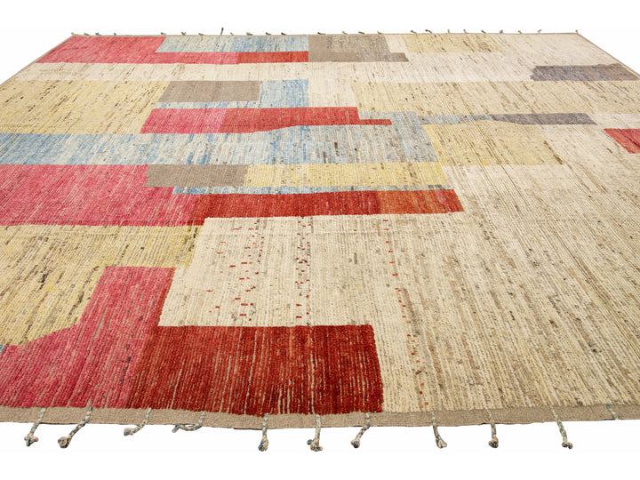 Modern Moroccan Style Handmade Multicolor Abstract Motif Boho Oversize Wool Rug