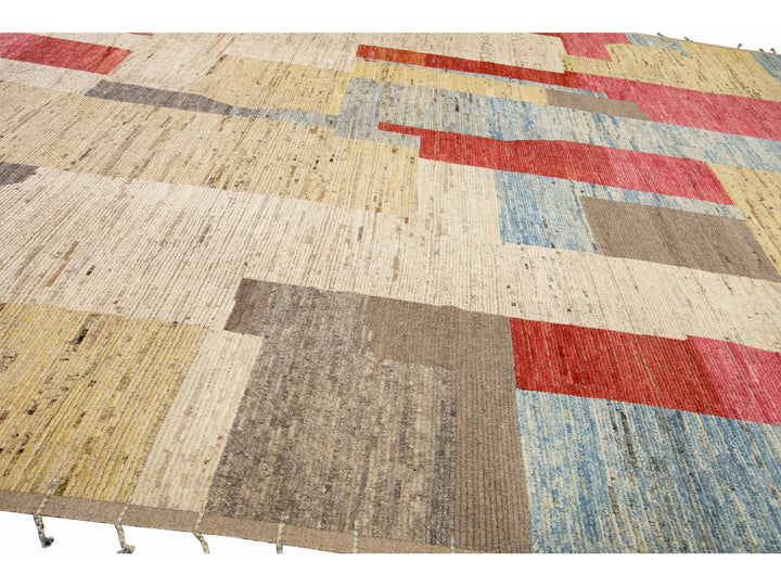 Modern Moroccan Style Handmade Multicolor Abstract Motif Boho Oversize Wool Rug