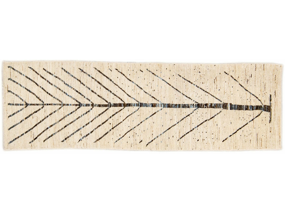 Modern Moroccan Style Handmade Designed Beige Boho Wool Runner