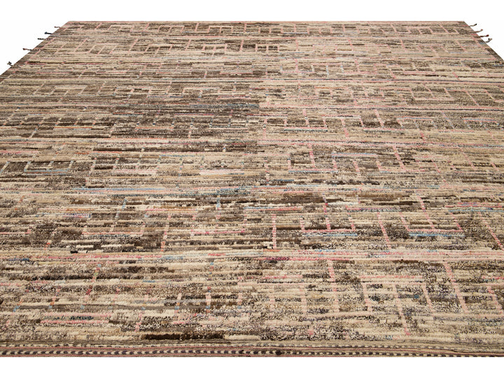 Modern Boho Chic Moroccan Style Handmade Brown Oversize Wool Rug