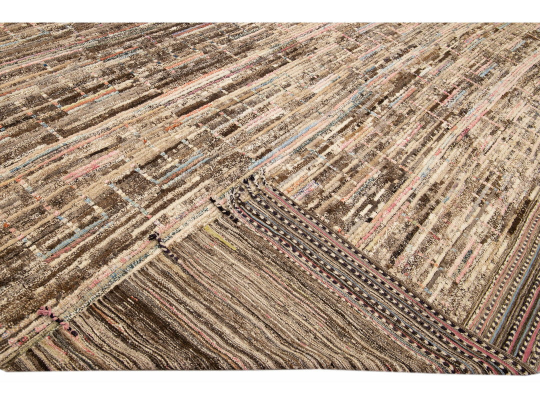 Modern Boho Chic Moroccan Style Handmade Brown Oversize Wool Rug