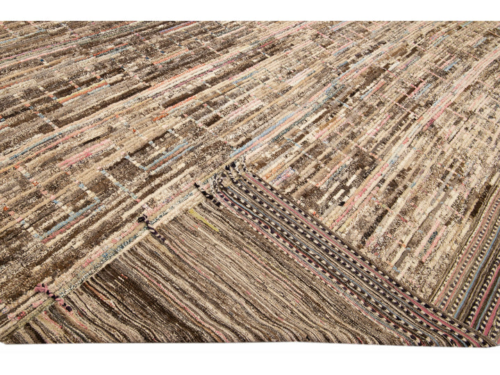 Modern Boho Chic Moroccan Style Handmade Brown Oversize Wool Rug