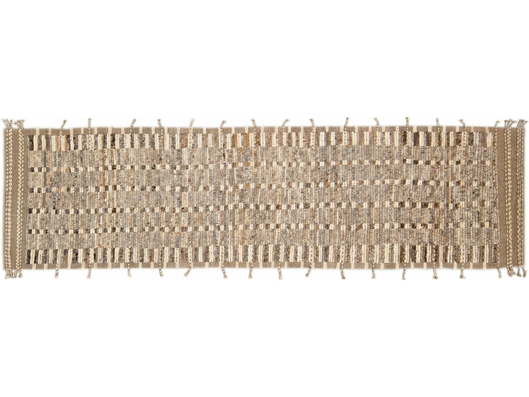 Modern Moroccan Style Brown Handmade Bohemian Motif Wool Runner