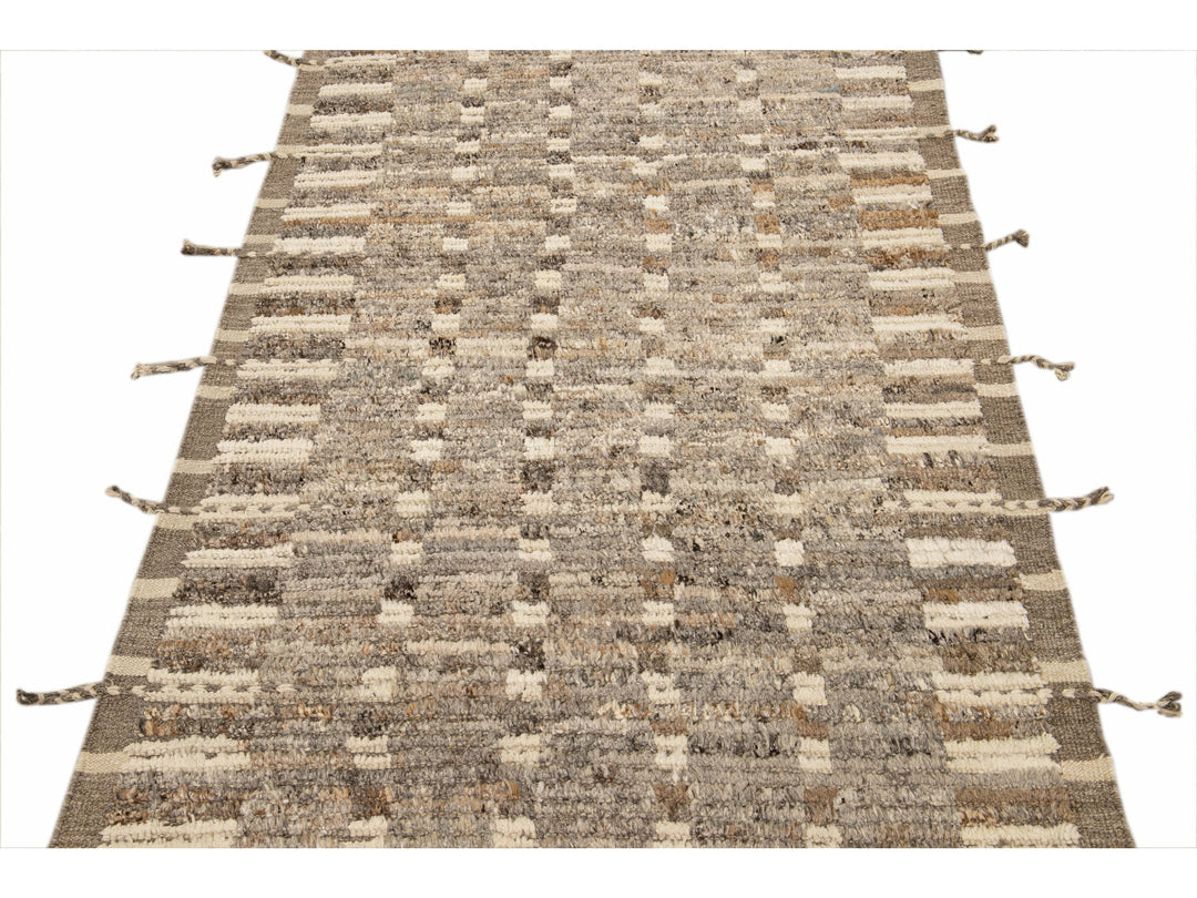 Modern Moroccan Style Brown Handmade Bohemian Motif Wool Runner