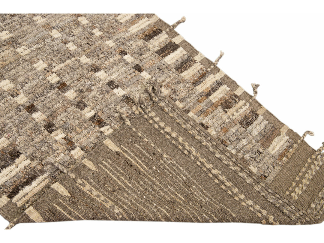 Modern Moroccan Style Brown Handmade Bohemian Motif Wool Runner
