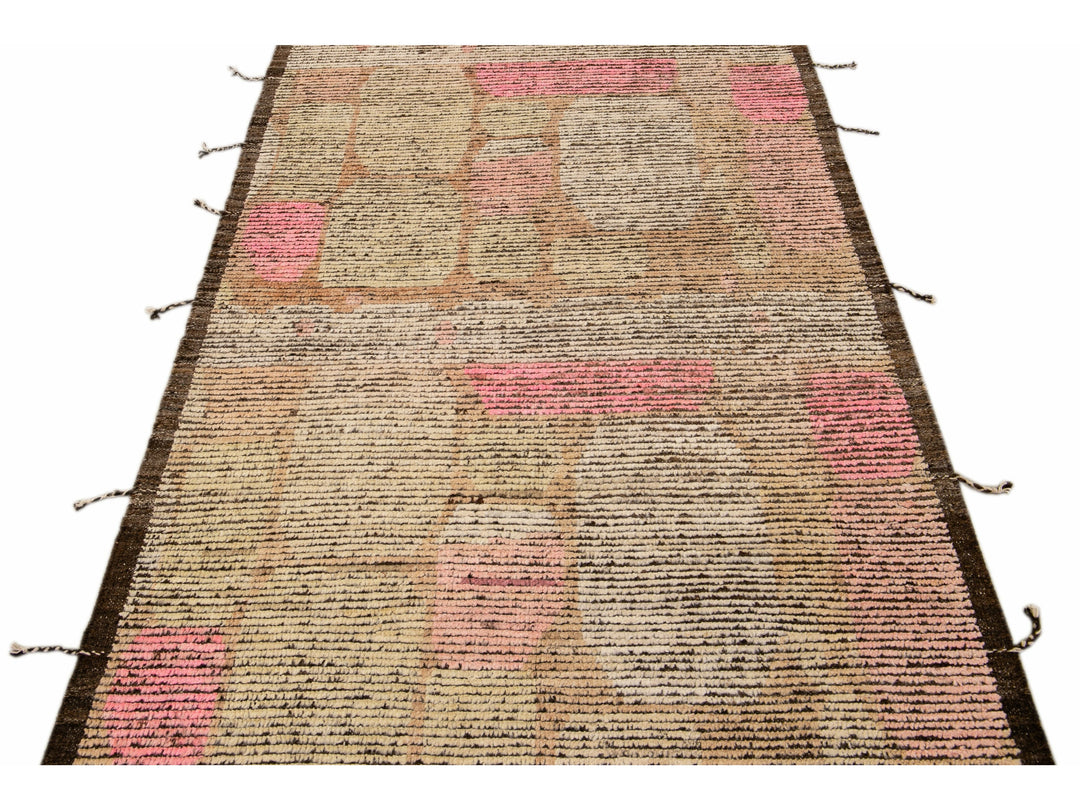 Boho Modern Moroccan Style Handmade Abstract Designed Brown Wool Runner