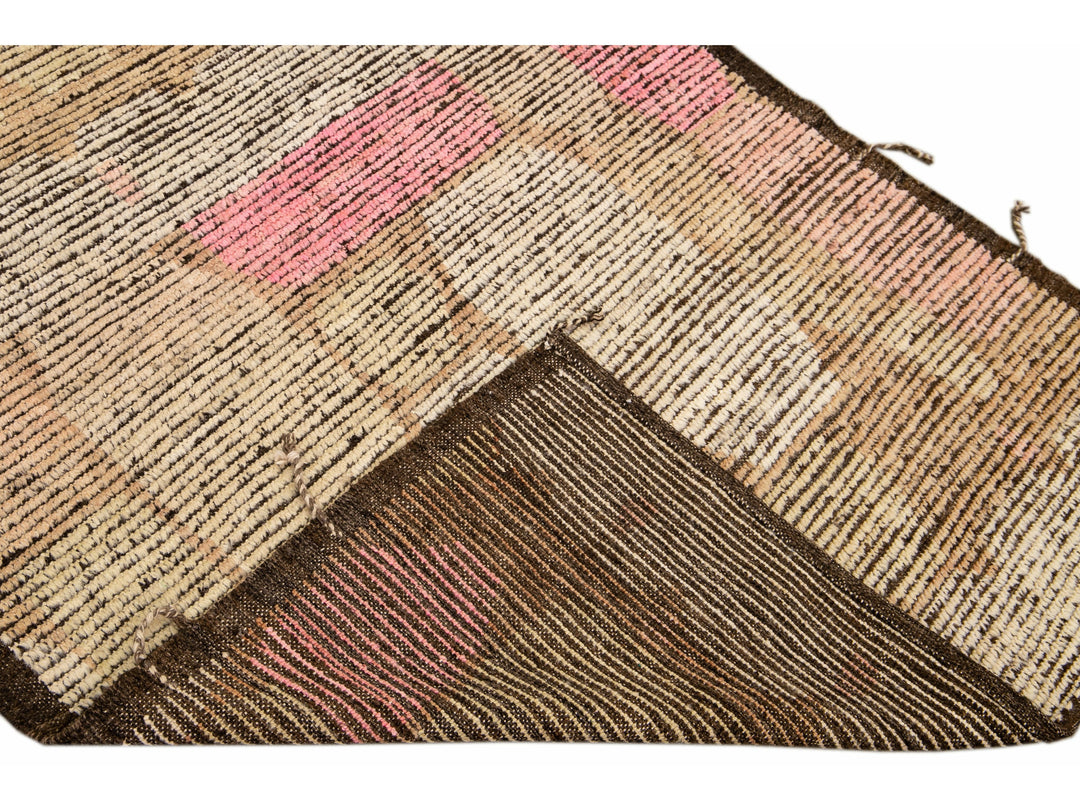 Boho Modern Moroccan Style Handmade Abstract Designed Brown Wool Runner