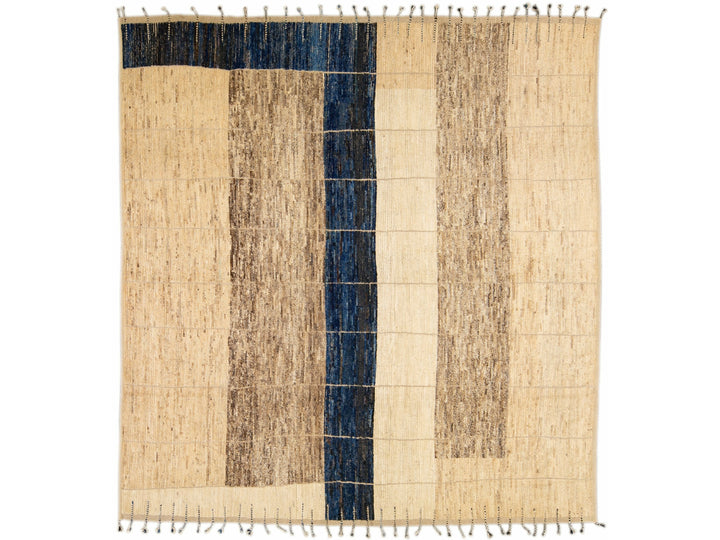 Modern Beige Moroccan Style Handmade Geometric Designed Boho Square Wool Rug