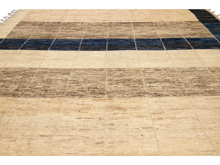 Modern Beige Moroccan Style Handmade Geometric Designed Boho Square Wool Rug