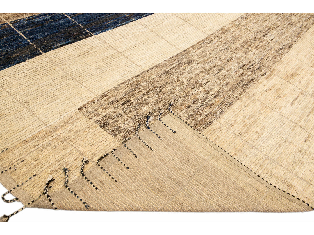 Modern Beige Moroccan Style Handmade Geometric Designed Boho Square Wool Rug