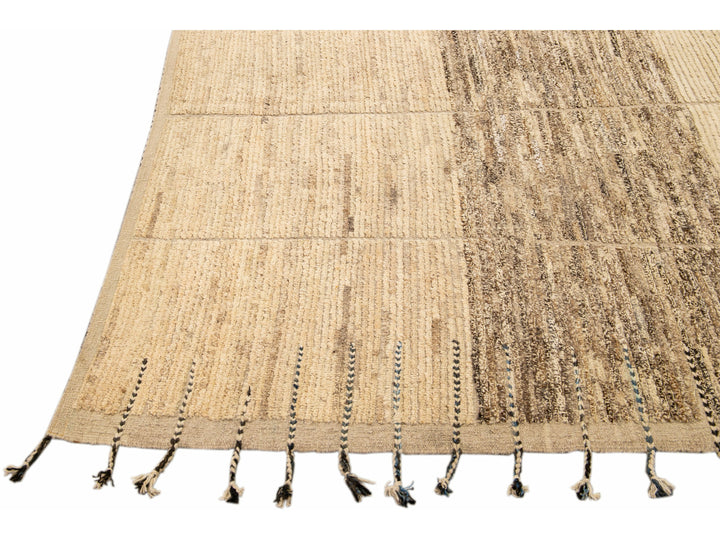 Modern Beige Moroccan Style Handmade Geometric Designed Boho Square Wool Rug