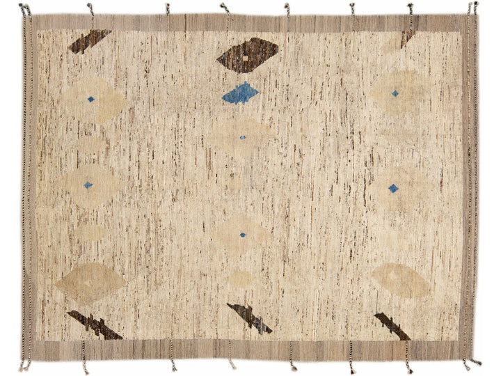 Modern Moroccan Bohemian Style Handmade Beige Wool Rug