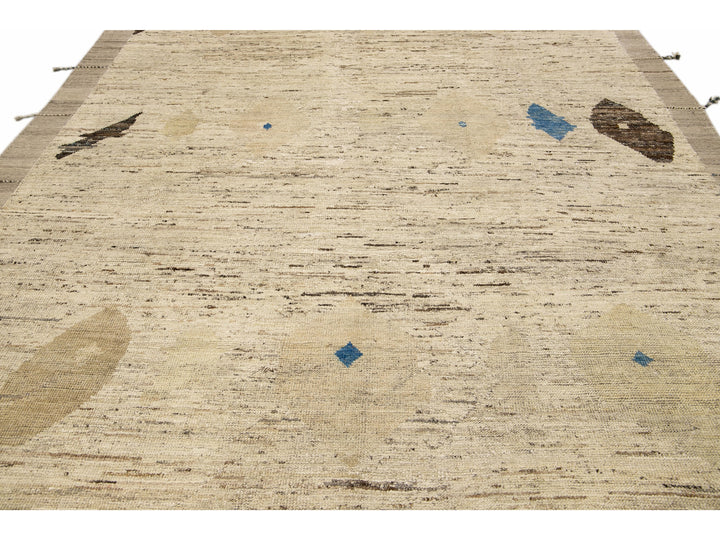 Modern Moroccan Bohemian Style Handmade Beige Wool Rug