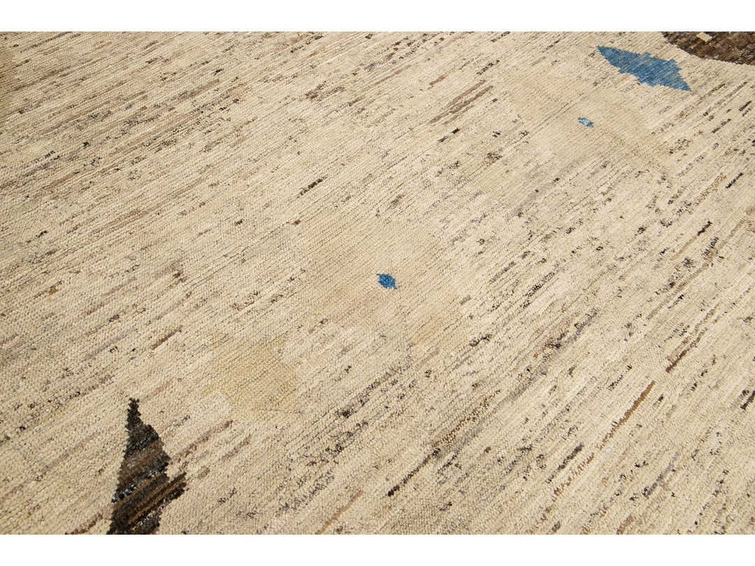 Modern Moroccan Bohemian Style Handmade Beige Wool Rug