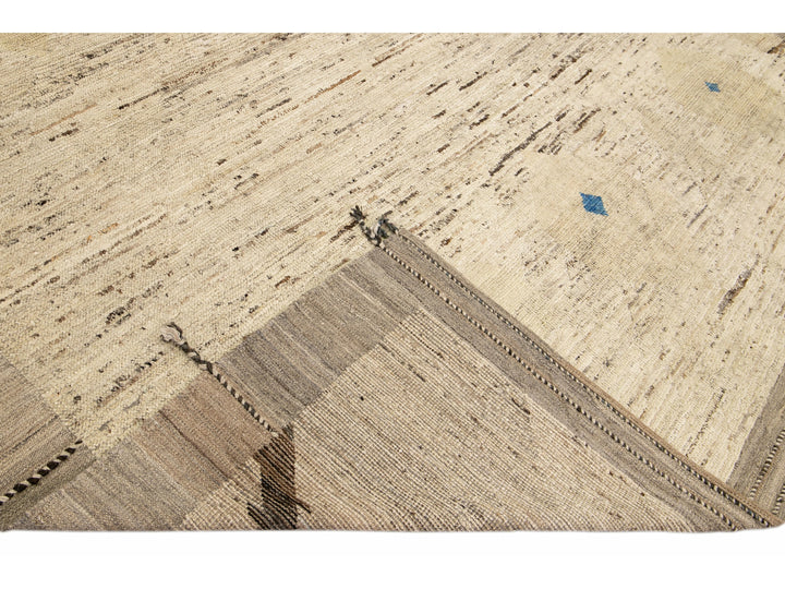 Modern Moroccan Bohemian Style Handmade Beige Wool Rug