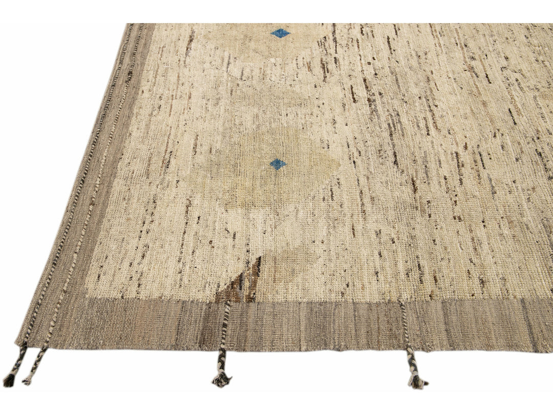 Modern Moroccan Bohemian Style Handmade Beige Wool Rug