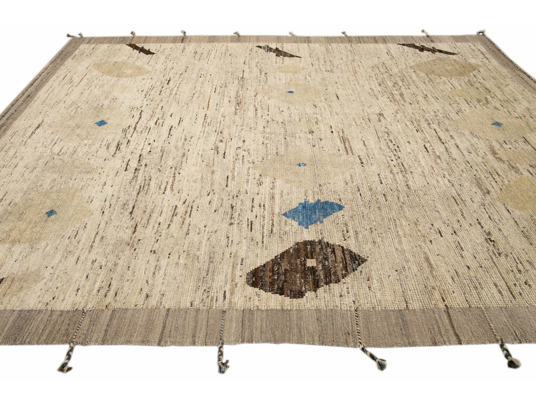 Modern Moroccan Bohemian Style Handmade Beige Wool Rug