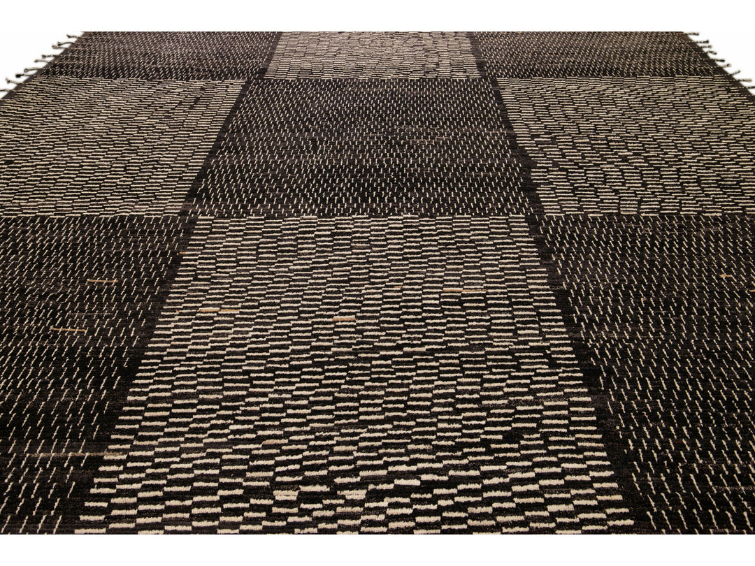 Black Modern Moroccan Style Handmade Check Flecked Motif Oversize Wool Rug