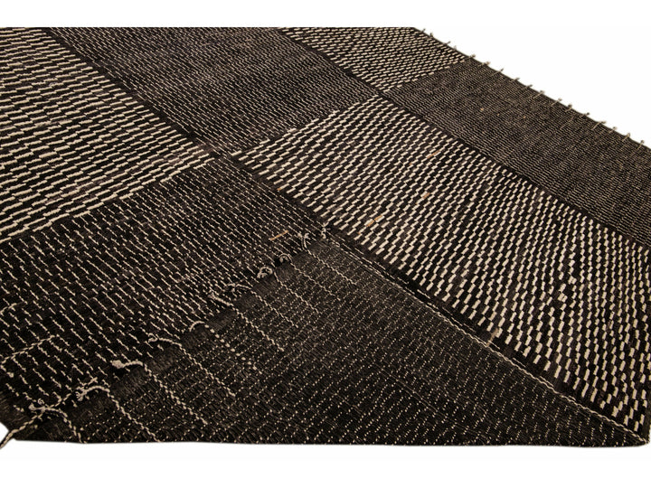 Black Modern Moroccan Style Handmade Check Flecked Motif Oversize Wool Rug