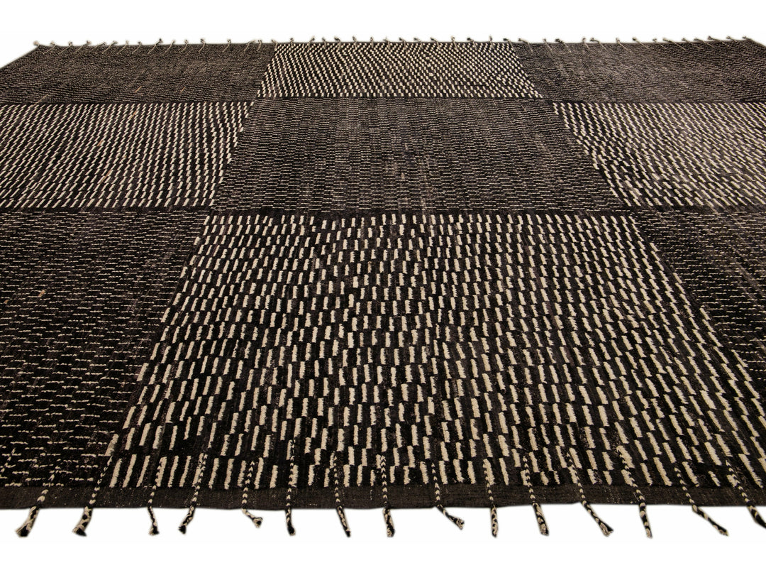 Black Modern Moroccan Style Handmade Check Flecked Motif Oversize Wool Rug
