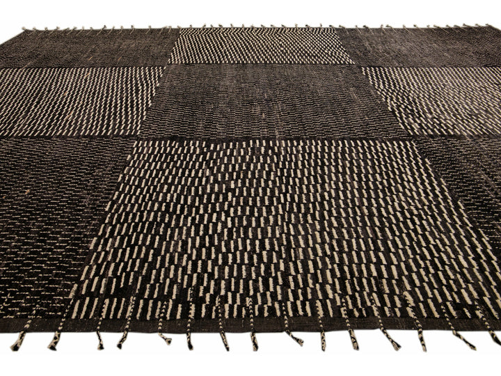 Black Modern Moroccan Style Handmade Check Flecked Motif Oversize Wool Rug