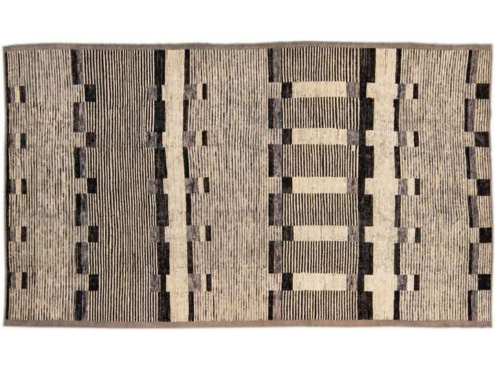 Modern Beige Moroccan Style Handmade Brown Geometric Pattern Wool Rug