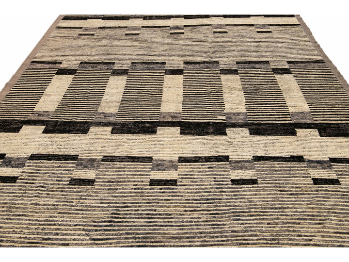 Modern Beige Moroccan Style Handmade Brown Geometric Pattern Wool Rug