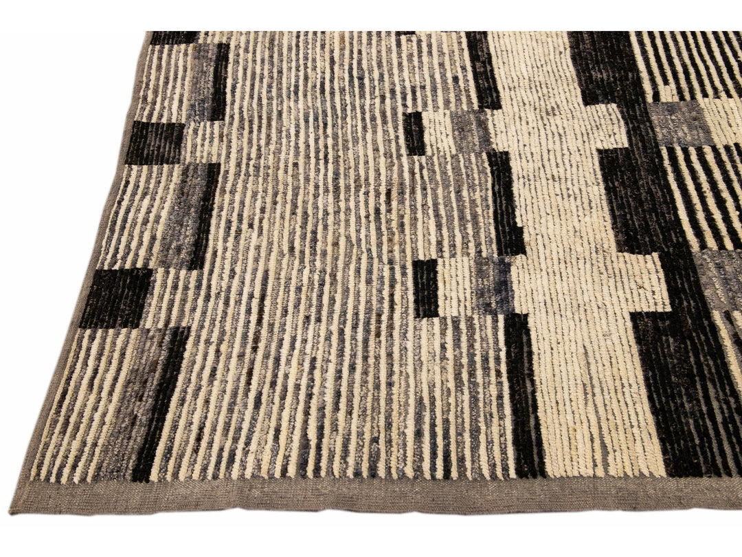 Modern Beige Moroccan Style Handmade Brown Geometric Pattern Wool Rug