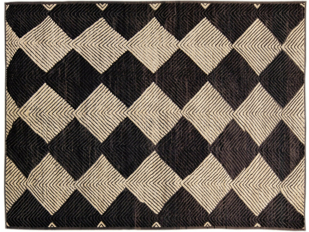 Modern Moroccan Style Handmade Diamond Abstract Motif Brown Wool Rug