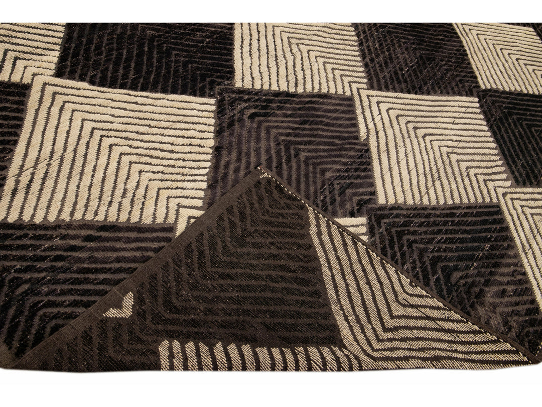 Modern Moroccan Style Handmade Diamond Abstract Motif Brown Wool Rug