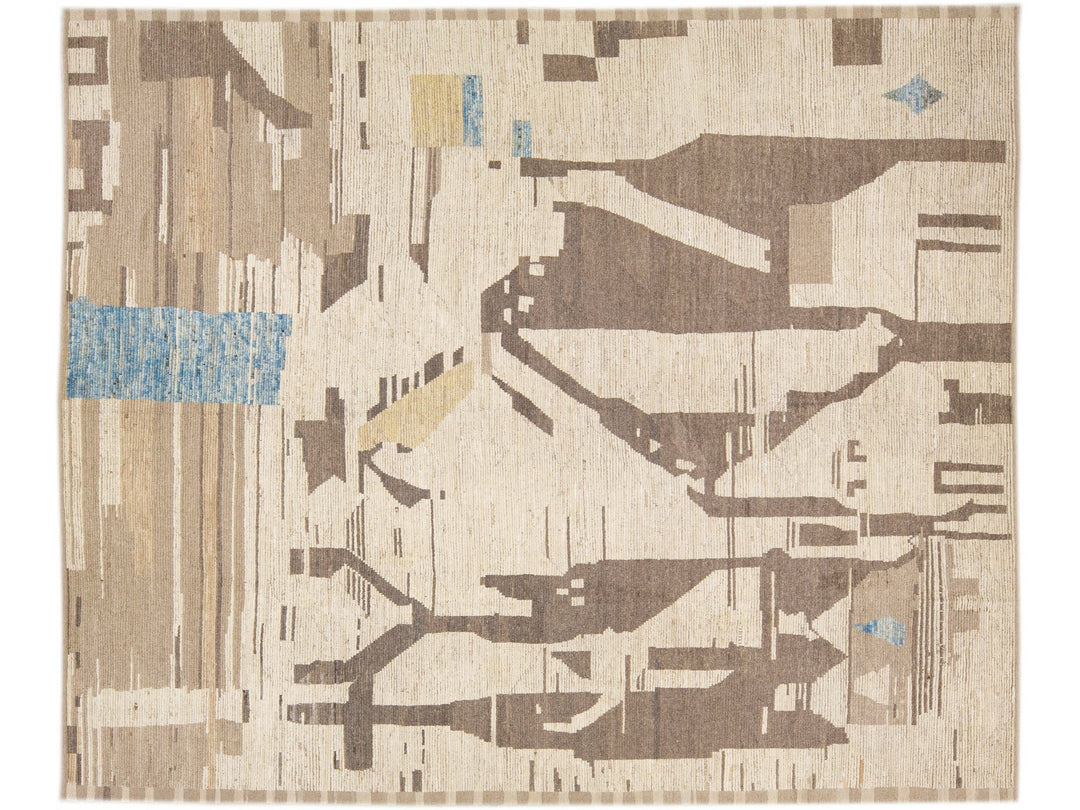 Modern Boho Chic Moroccan Style Handmade Abstract Motif Beige Oversize Wool Rug