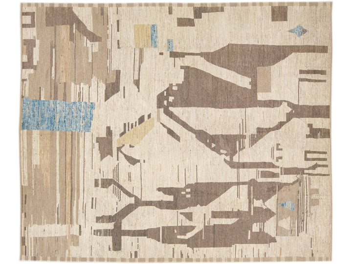 Modern Boho Chic Moroccan Style Handmade Abstract Motif Beige Oversize Wool Rug