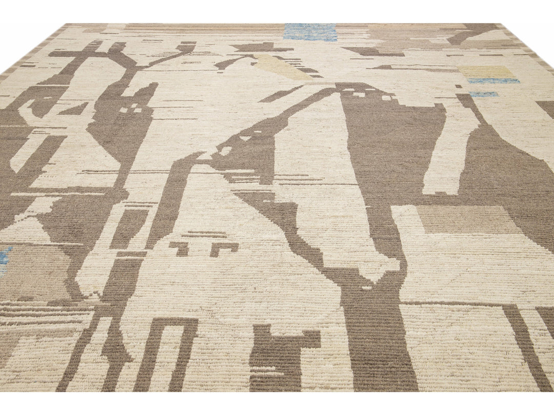 Modern Boho Chic Moroccan Style Handmade Abstract Motif Beige Oversize Wool Rug