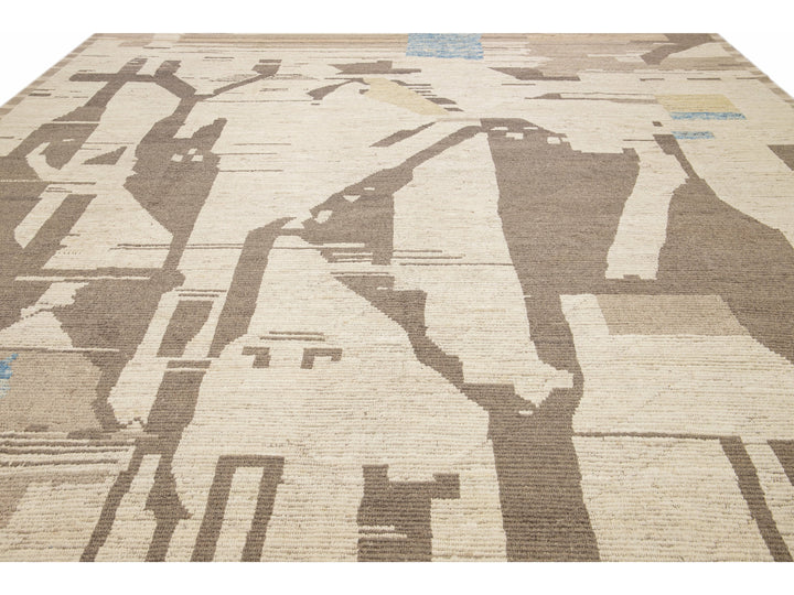 Modern Boho Chic Moroccan Style Handmade Abstract Motif Beige Oversize Wool Rug