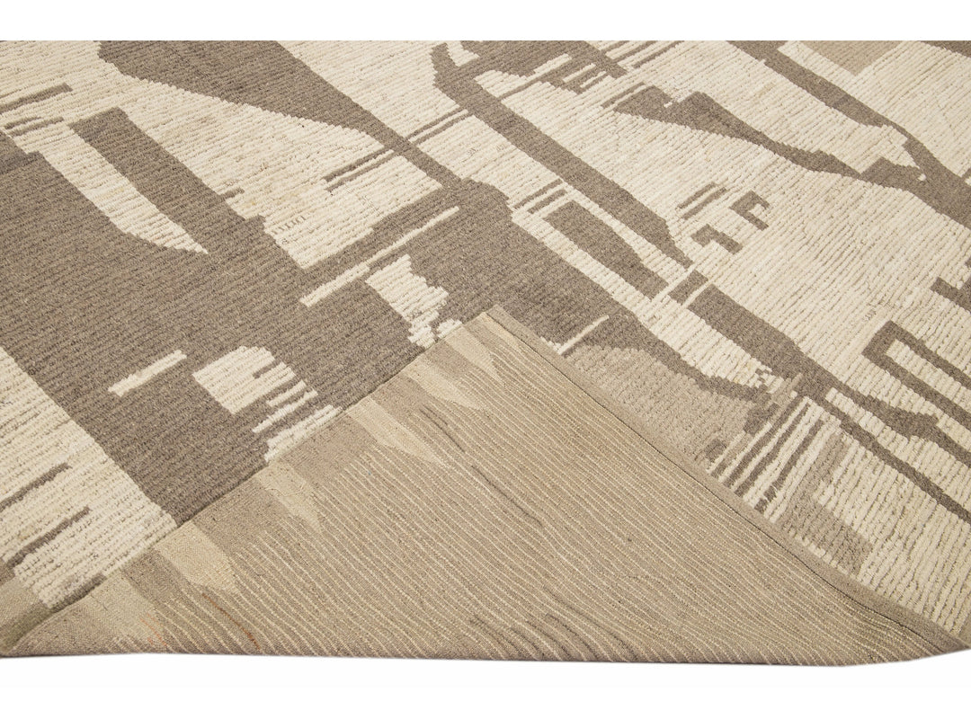 Modern Boho Chic Moroccan Style Handmade Abstract Motif Beige Oversize Wool Rug