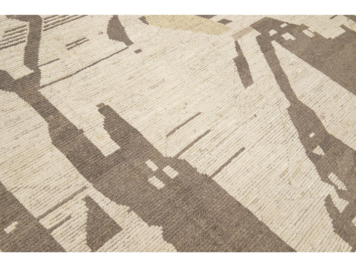 Modern Boho Chic Moroccan Style Handmade Abstract Motif Beige Oversize Wool Rug