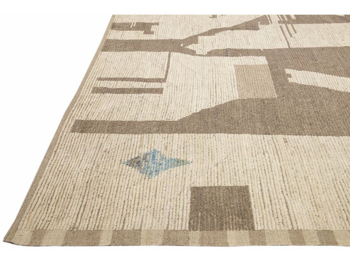 Modern Boho Chic Moroccan Style Handmade Abstract Motif Beige Oversize Wool Rug