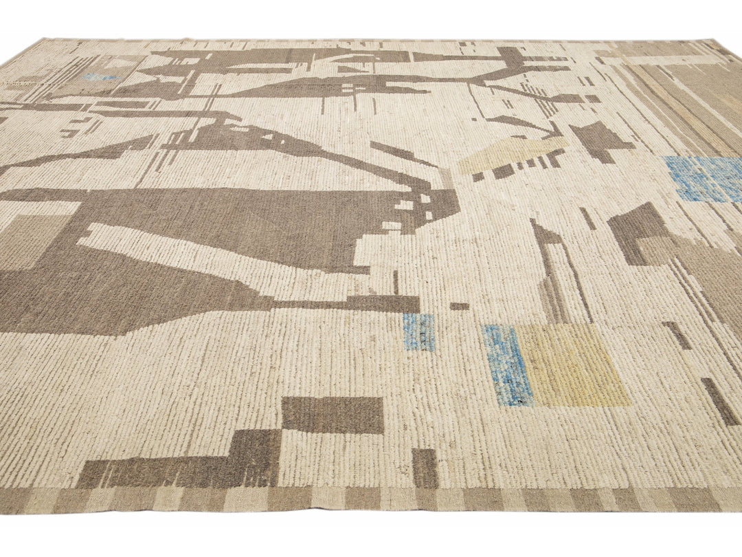 Modern Boho Chic Moroccan Style Handmade Abstract Motif Beige Oversize Wool Rug