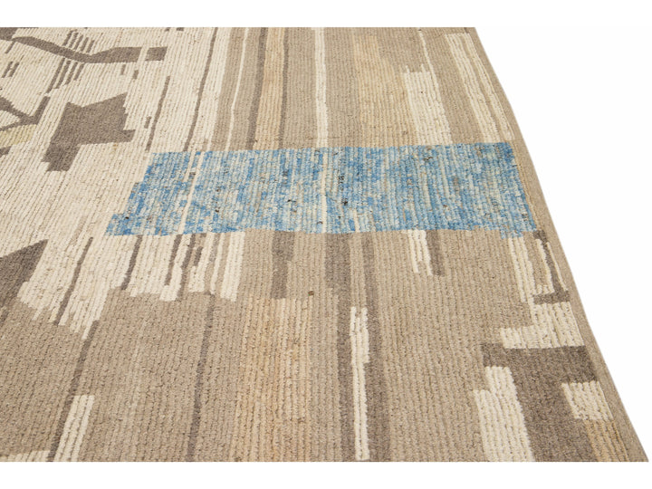 Modern Boho Chic Moroccan Style Handmade Abstract Motif Beige Oversize Wool Rug