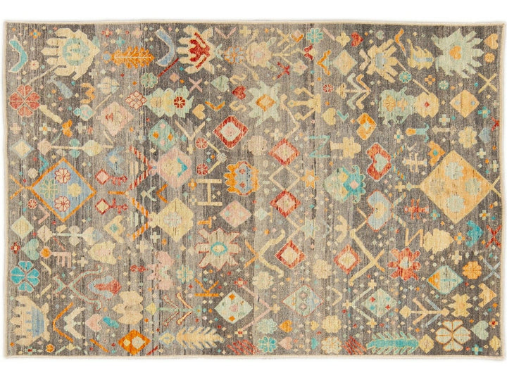 Modern Boho Gray Moroccan Style Handmade Multicolor Pattern Wool Rug