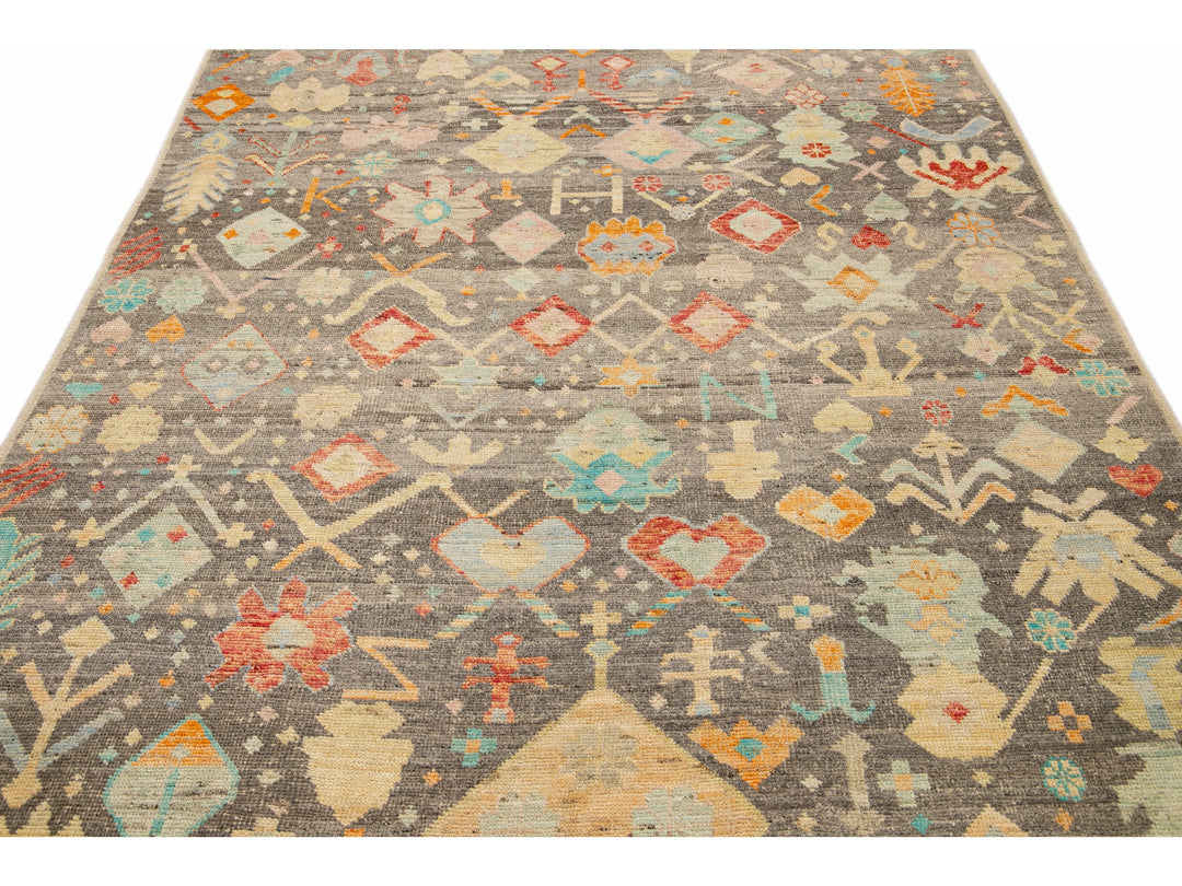 Modern Boho Gray Moroccan Style Handmade Multicolor Pattern Wool Rug