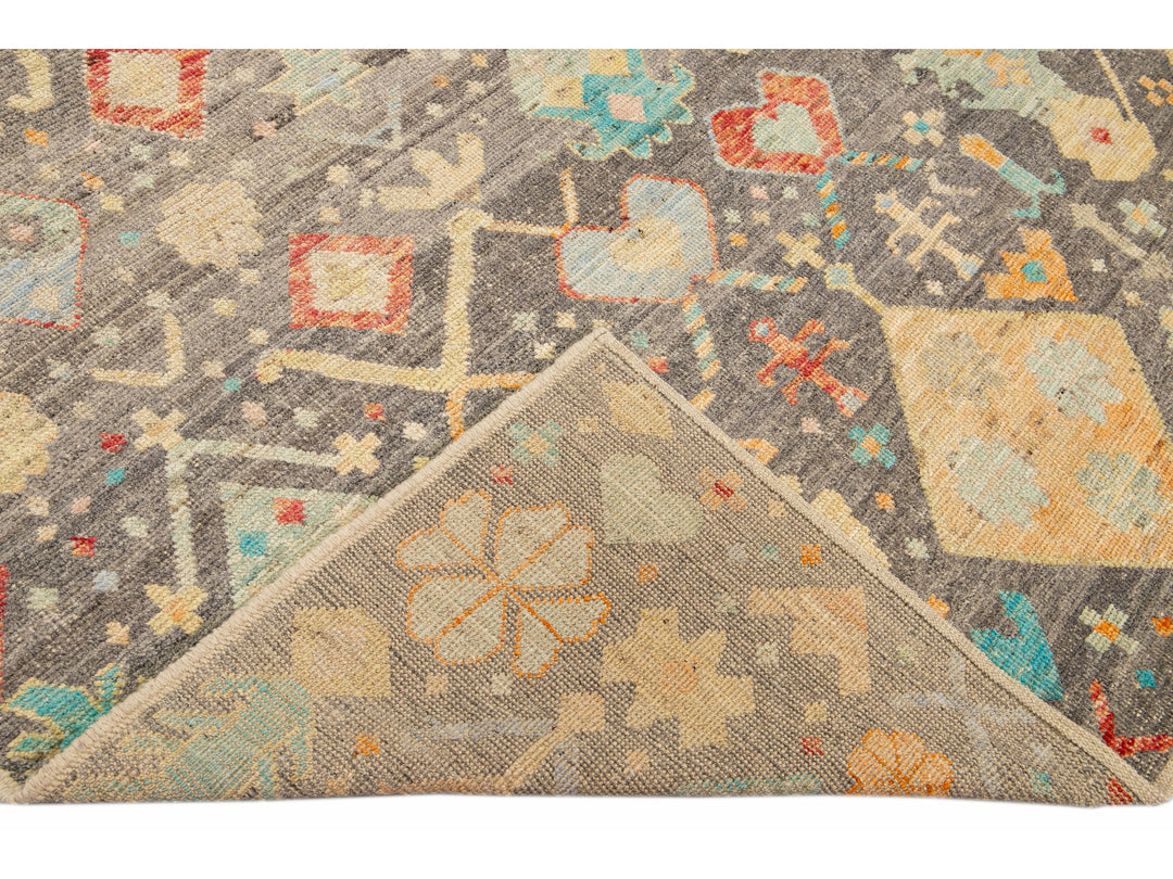 Modern Boho Gray Moroccan Style Handmade Multicolor Pattern Wool Rug