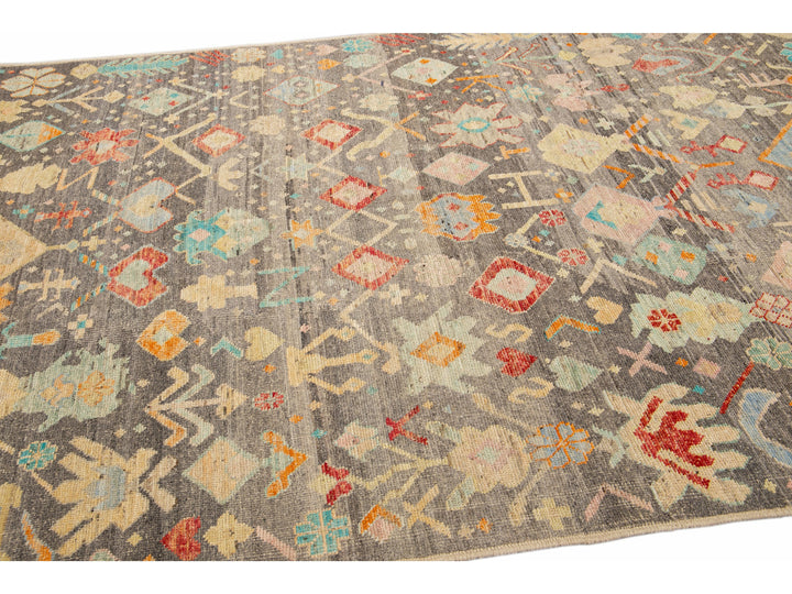 Modern Boho Gray Moroccan Style Handmade Multicolor Pattern Wool Rug