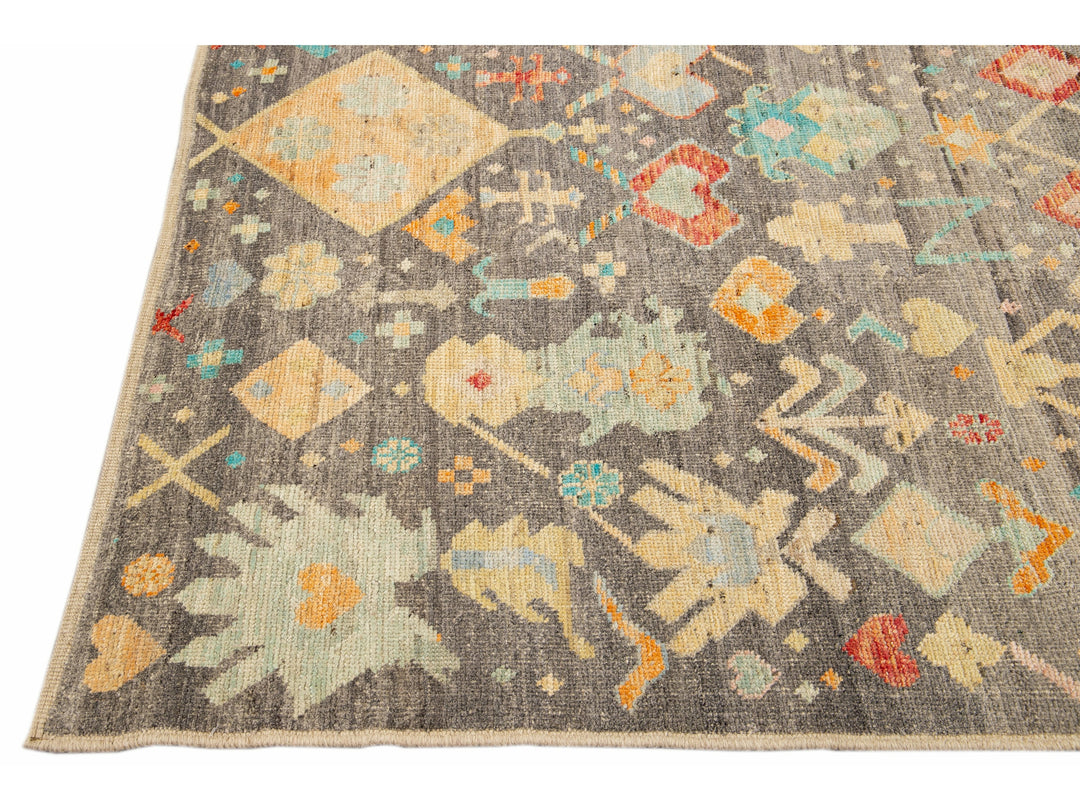 Modern Boho Gray Moroccan Style Handmade Multicolor Pattern Wool Rug