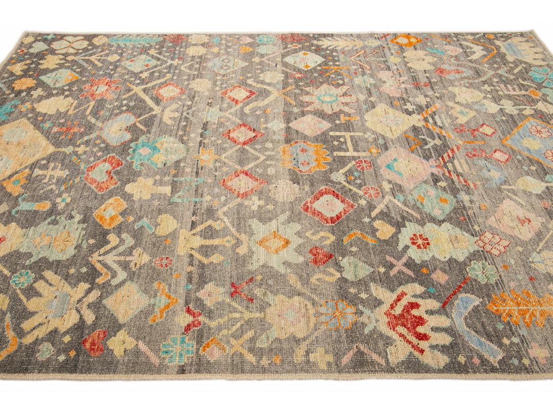 Modern Boho Gray Moroccan Style Handmade Multicolor Pattern Wool Rug