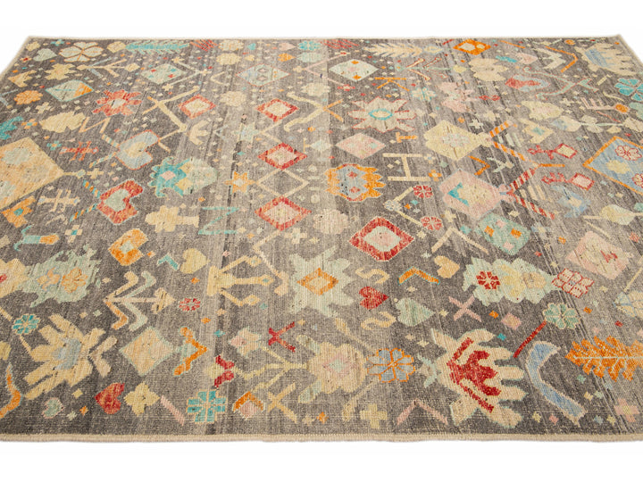 Modern Boho Gray Moroccan Style Handmade Multicolor Pattern Wool Rug