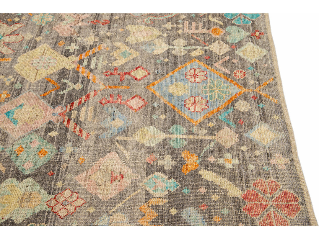 Modern Boho Gray Moroccan Style Handmade Multicolor Pattern Wool Rug