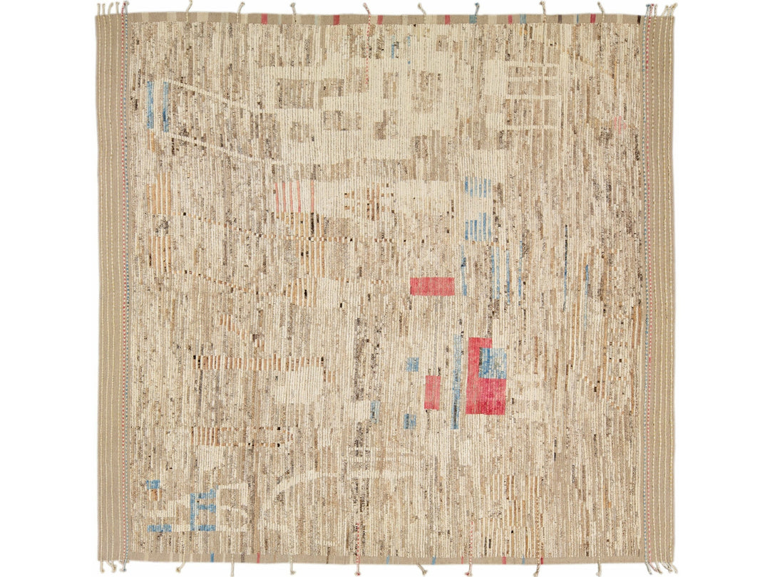 Beige Modern Boho Chic Moroccan Style Handmade Abstract Motif Wool Rug