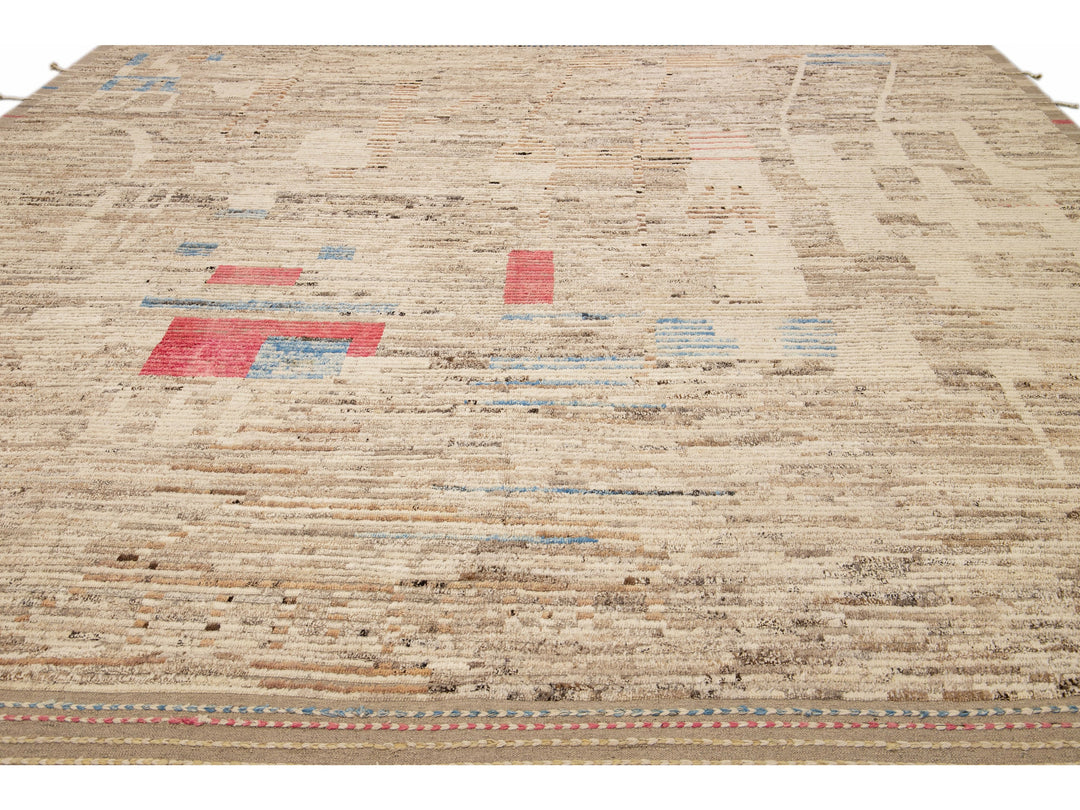 Beige Modern Boho Chic Moroccan Style Handmade Abstract Motif Wool Rug